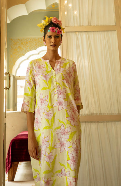 Printed Linen Midi Tunic Dress Linen Key-Lime