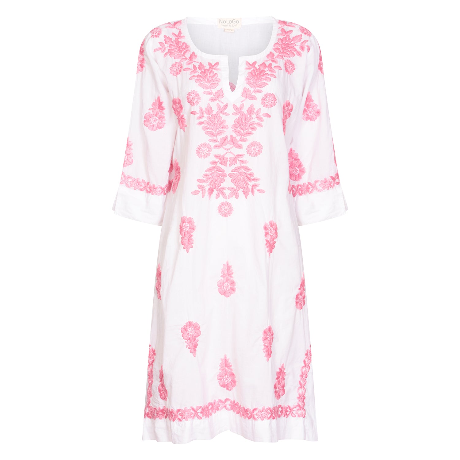 White Harriet Dress with Pink Hand Embroidery