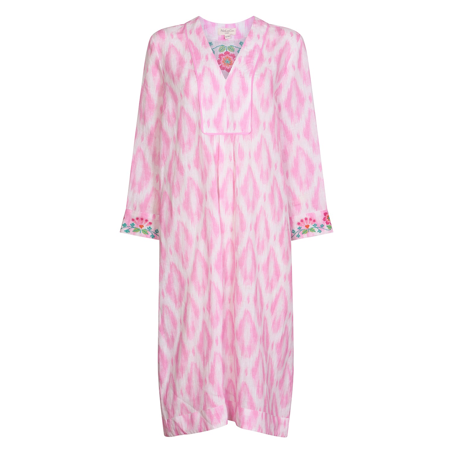 Ikat Embroidered Picot Midi Dress Linen Pink