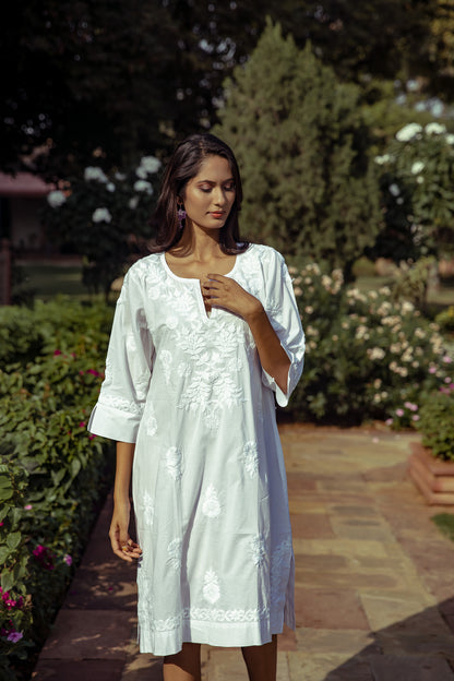 White Harriet Dress with White Hand Embroidery