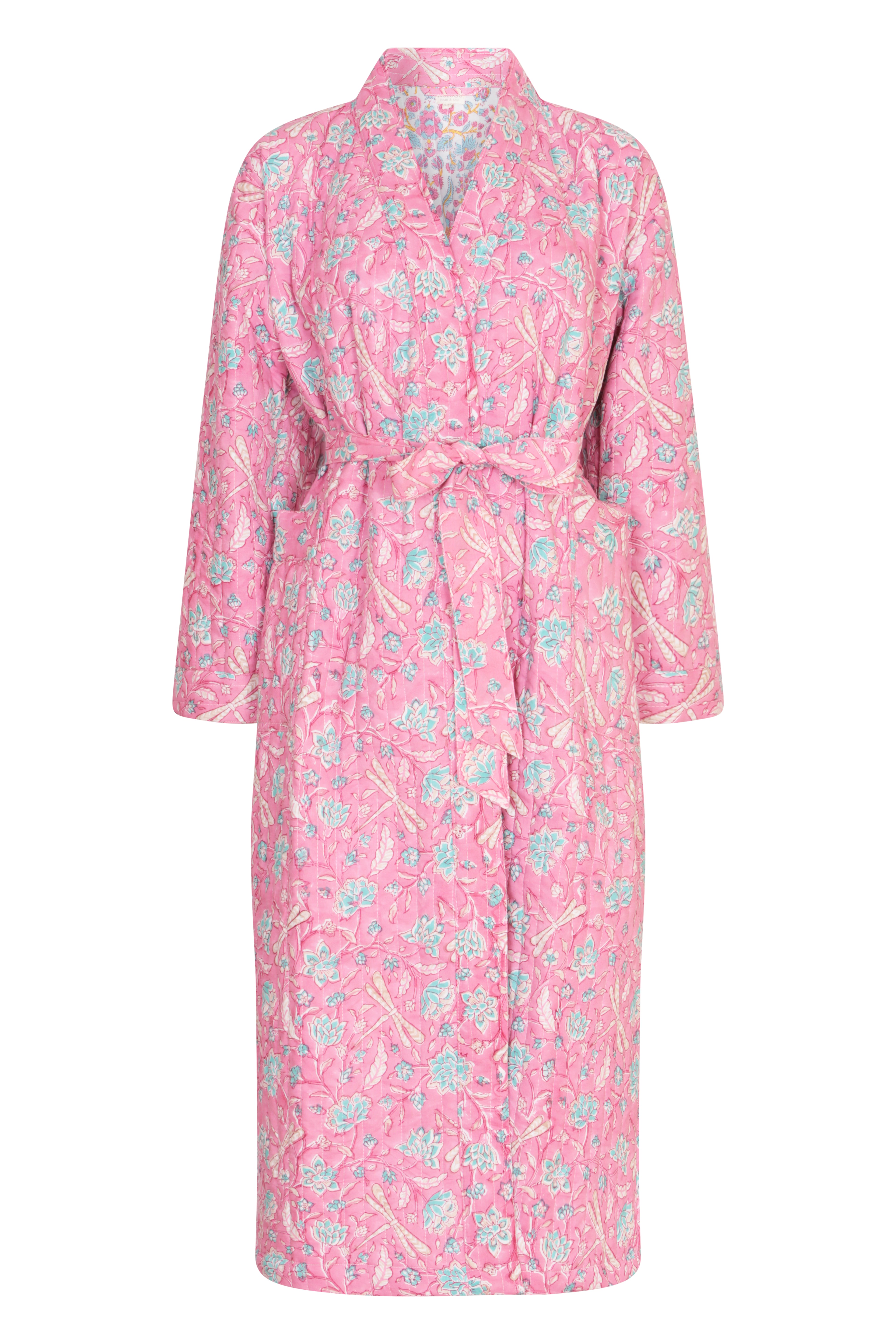 Luxury Quilted Hand Block Printed Robe - Dragonfly Pink and Blue