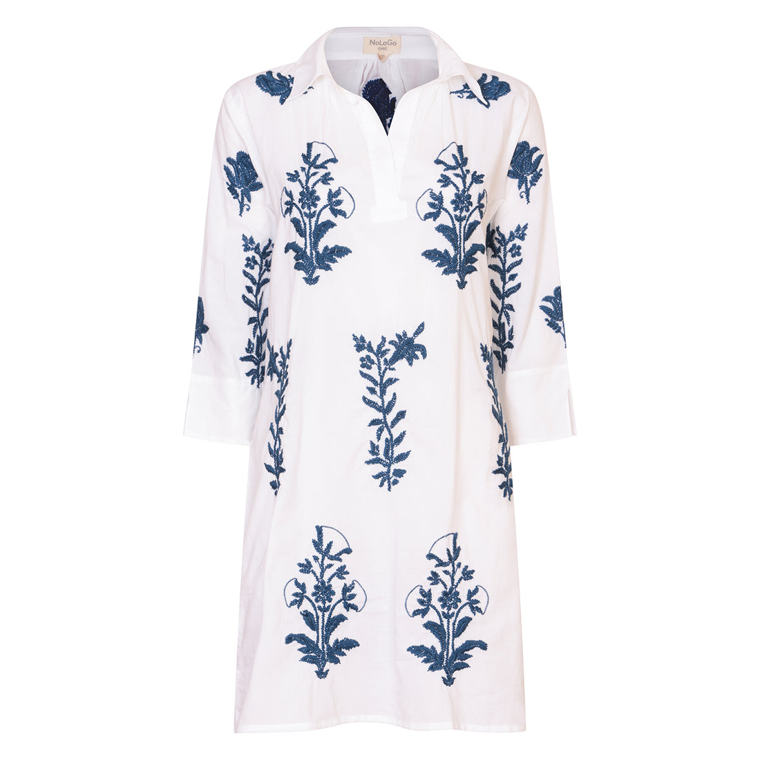 Short Tourist Dress White with Blue Embroidery Cotton White