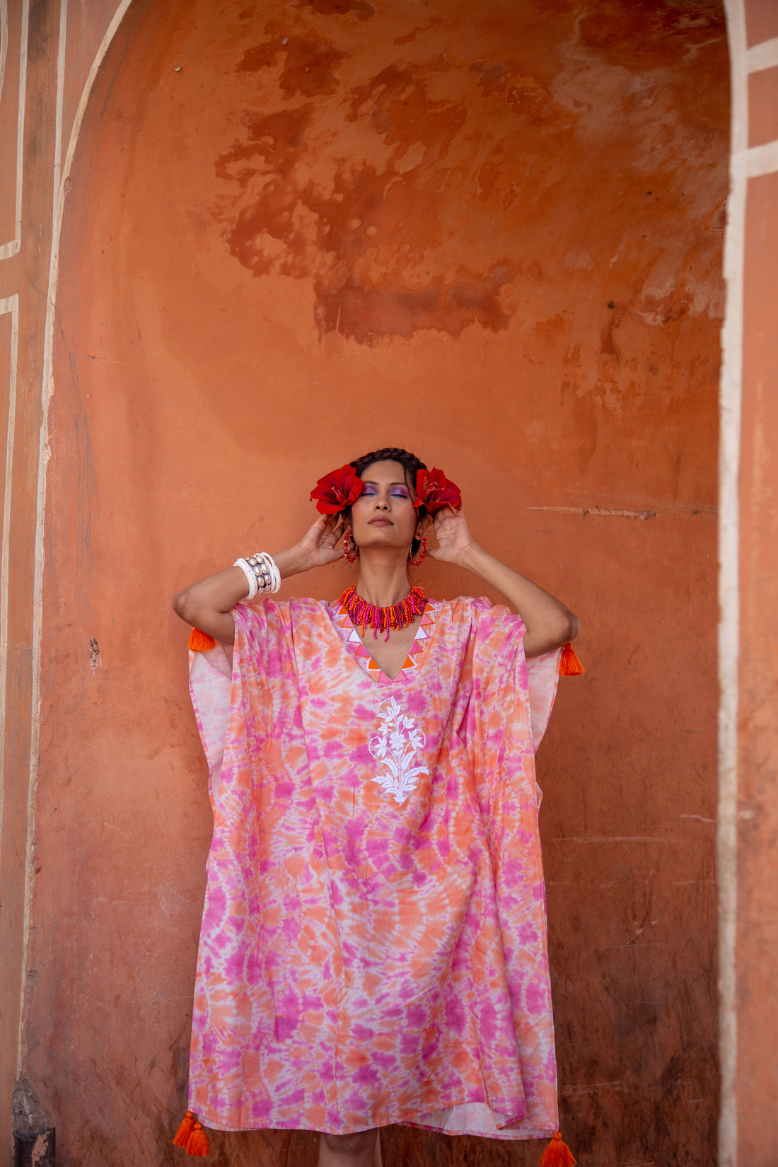 Felicity Embroidered Kaftan Cotton Cambric Pink