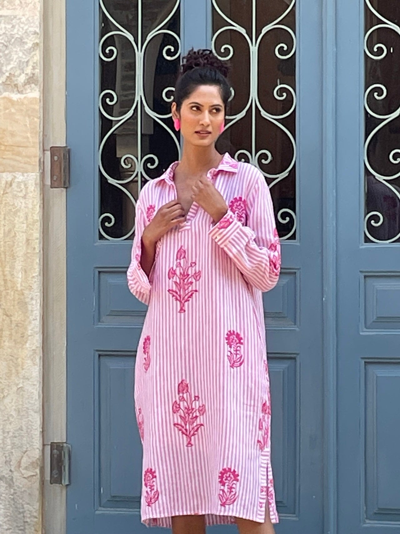 Tourist Hand Printed Stripe Linen Tunic Dress Pink and White NoLoGoChic