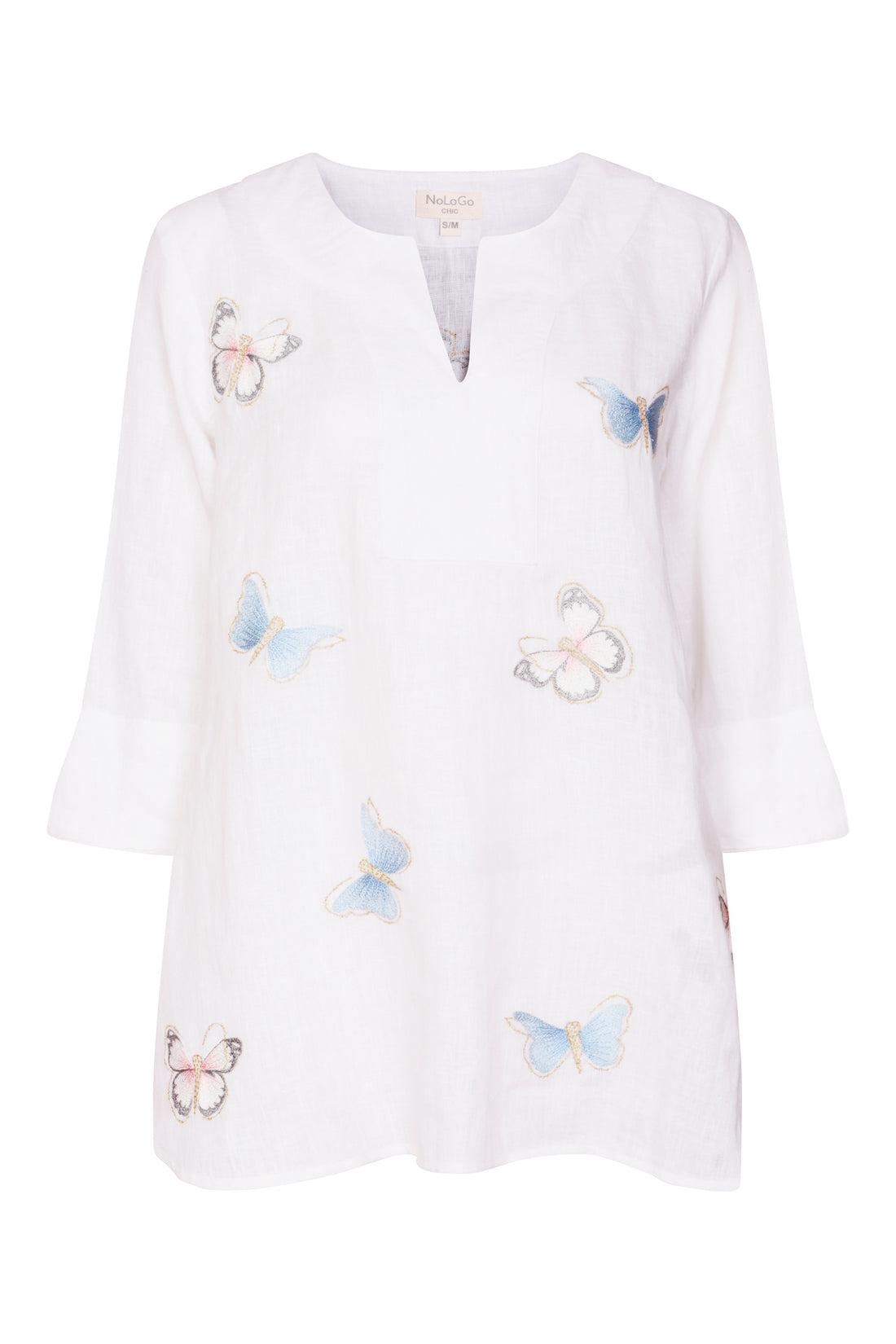 Butterfly Embroidered Linen Tunic Top - White