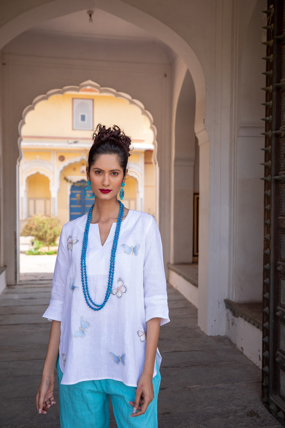 Butterfly Embroidered Linen Tunic Top - White